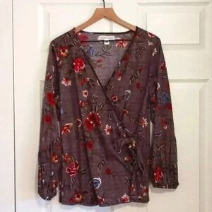 New York Laundry Womens Wrap Top Brown Floral Houndstooth Size 1X Dark Academia